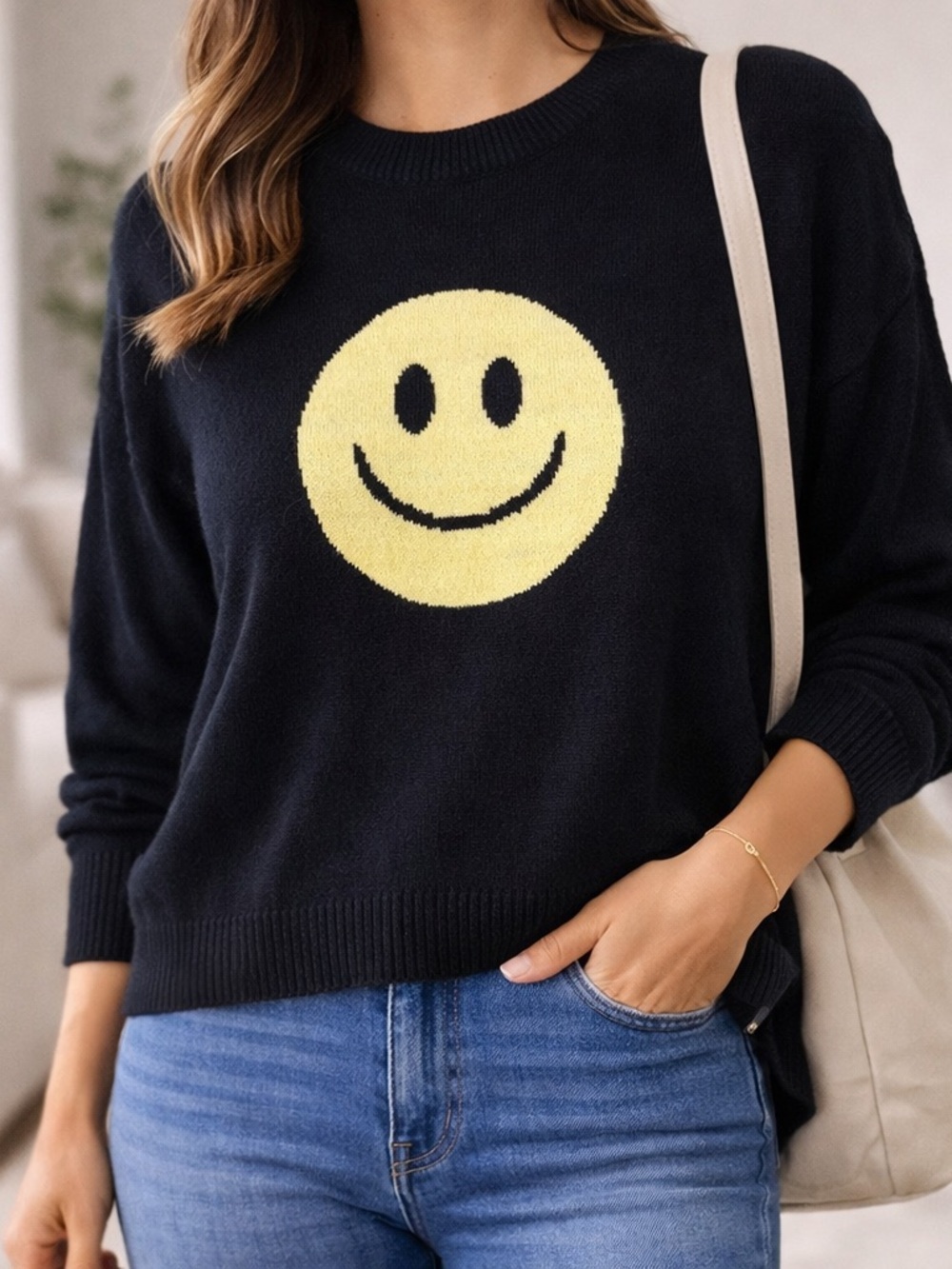 Active USA Black Smiley Face Graphic Sweater L Cozy Soft Knit